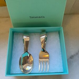 Brand New Tiffany & Co Sterling Silver Curved Handle Loop Baby Spoon & Fork Set